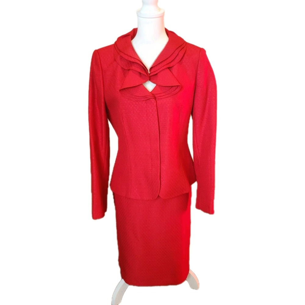 Emily 2pc Skirt Suit Set Womens 10 Red Jacquard Ruffle Collar Career Church NEW